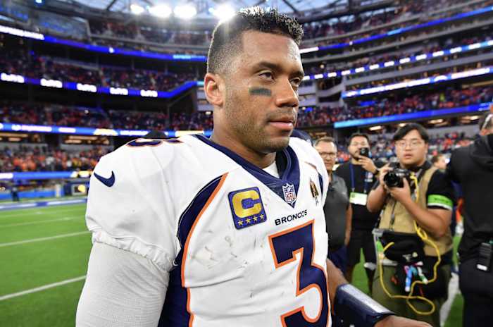 Denver Broncos quarterback Russell Wilson reacts following the victory against the Los Angeles Chargers at SoFi Stadium.